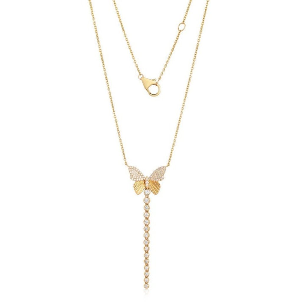Diamond Butterfly 14k (Or 18k Upon Request) Yellow Gold Lariat Necklace